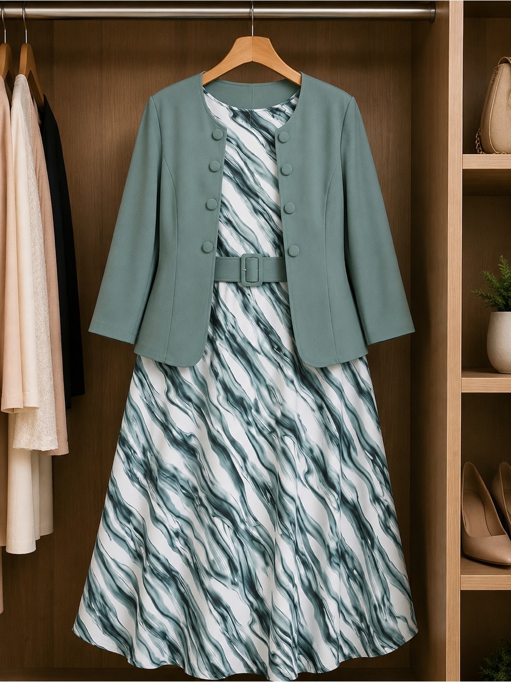 3Pcs Sage Green Jacket with Marble-Print Dress Set